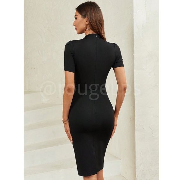 Black Bodycon Short Sleeve Dress Ties at the Neck - Picture 2 of 9